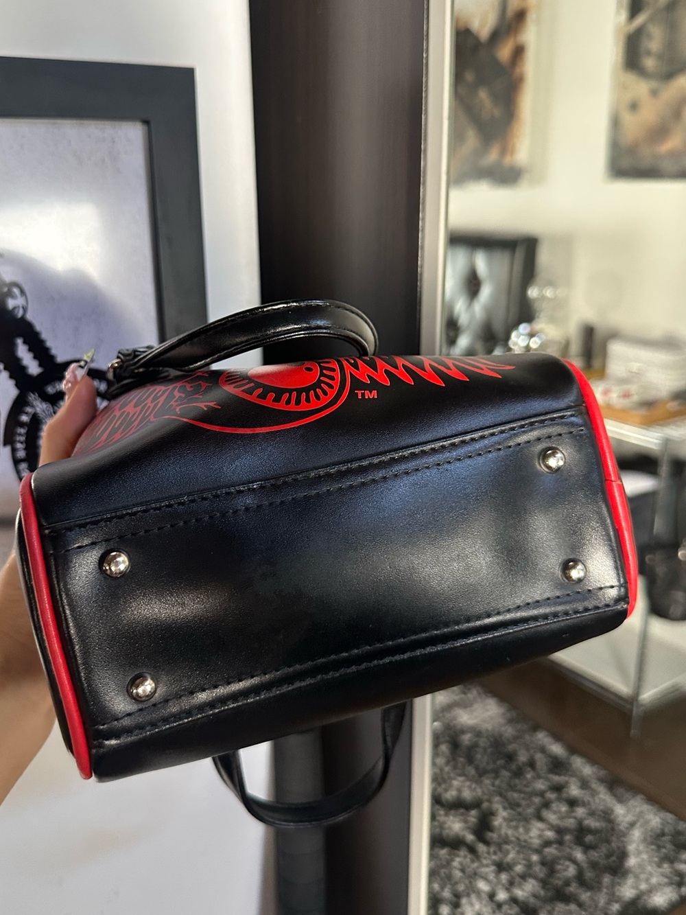 Von Dutch Black Mini Dome Satchel with Red Logo Trim - Picture 3 of 4